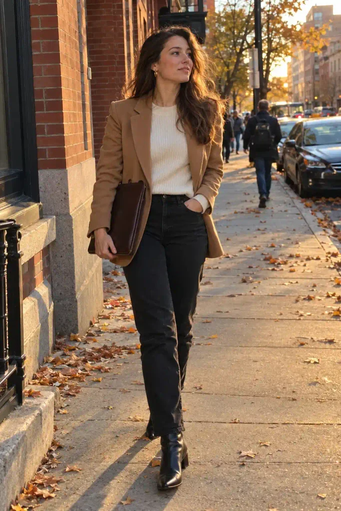Camel blazer with black jeans
