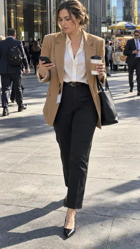 Camel blazer with black trousers and a silk