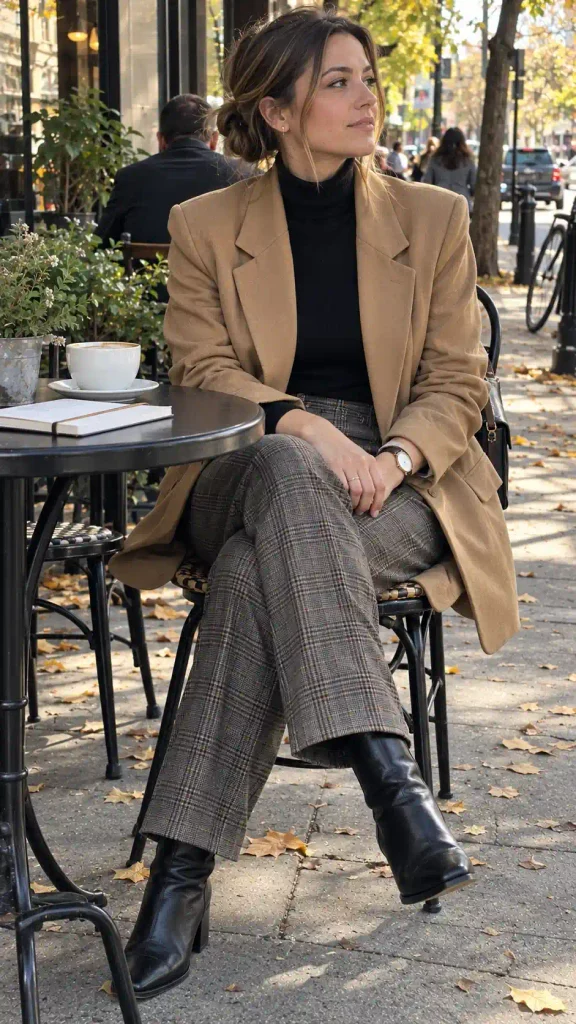 Camel blazer with plaid trousers and ankle boots