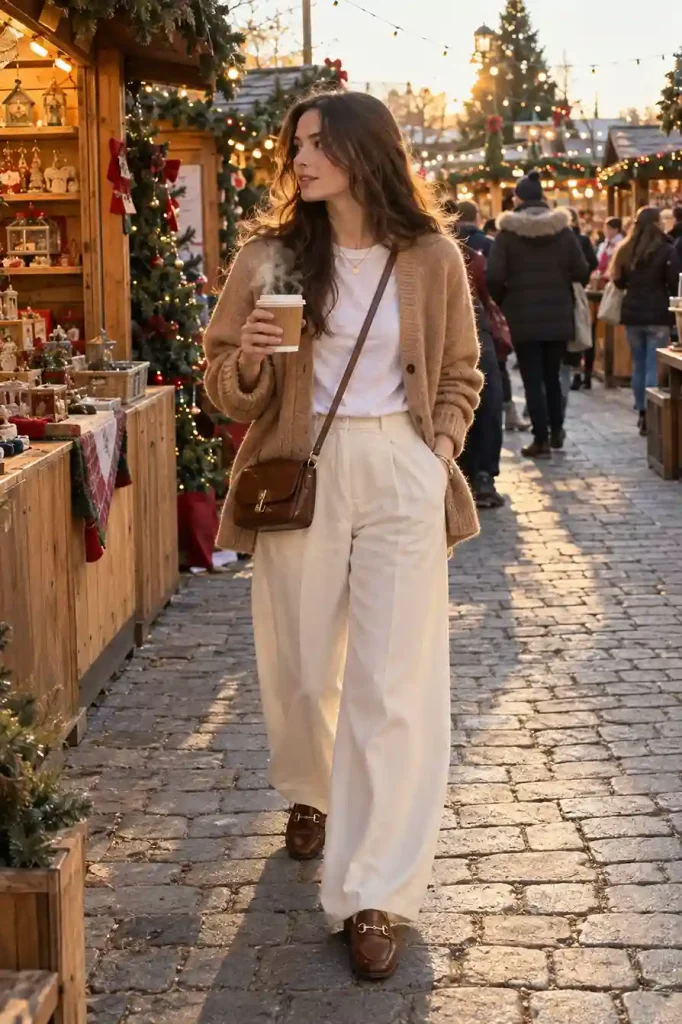 Camel cardigan over a white tee