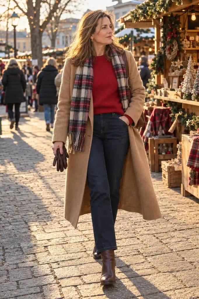 Camel coat over a festive sweater