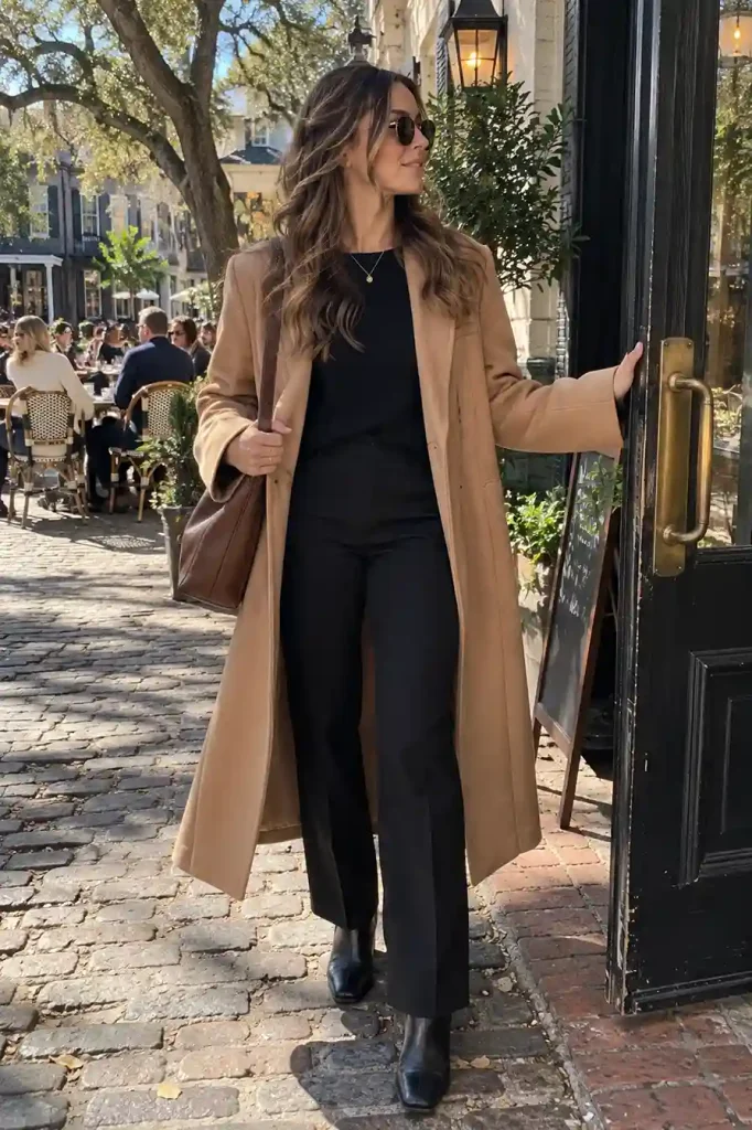 Camel coat over an all-black base