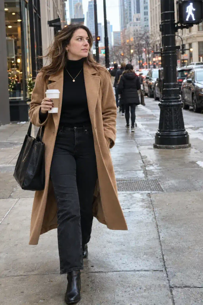 Camel coat over an all-black base