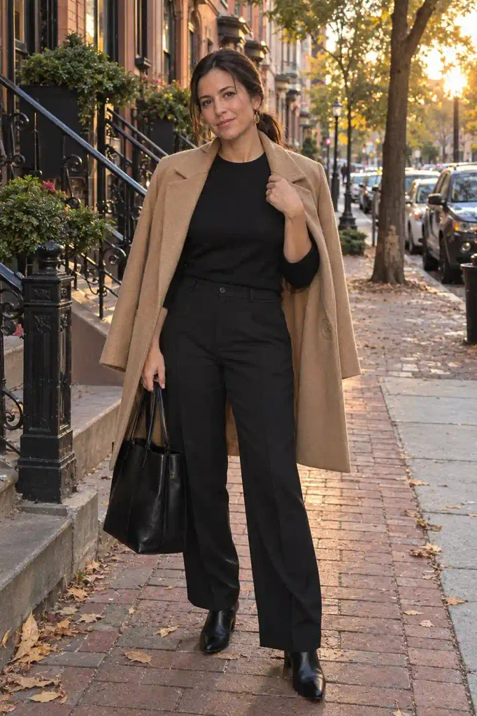 Camel coat over an all-black base