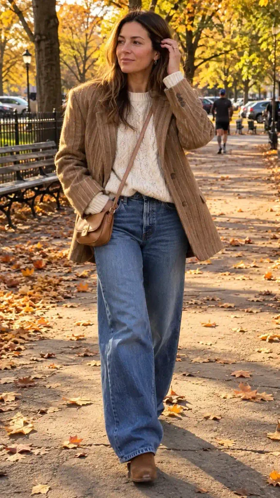 Camel striped blazer, cream knit, and wide leg mid wash jeans