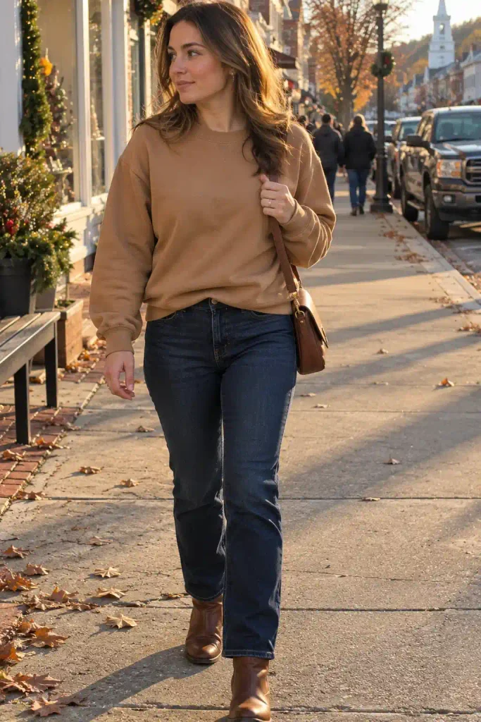 Camel sweatshirt with dark indigo