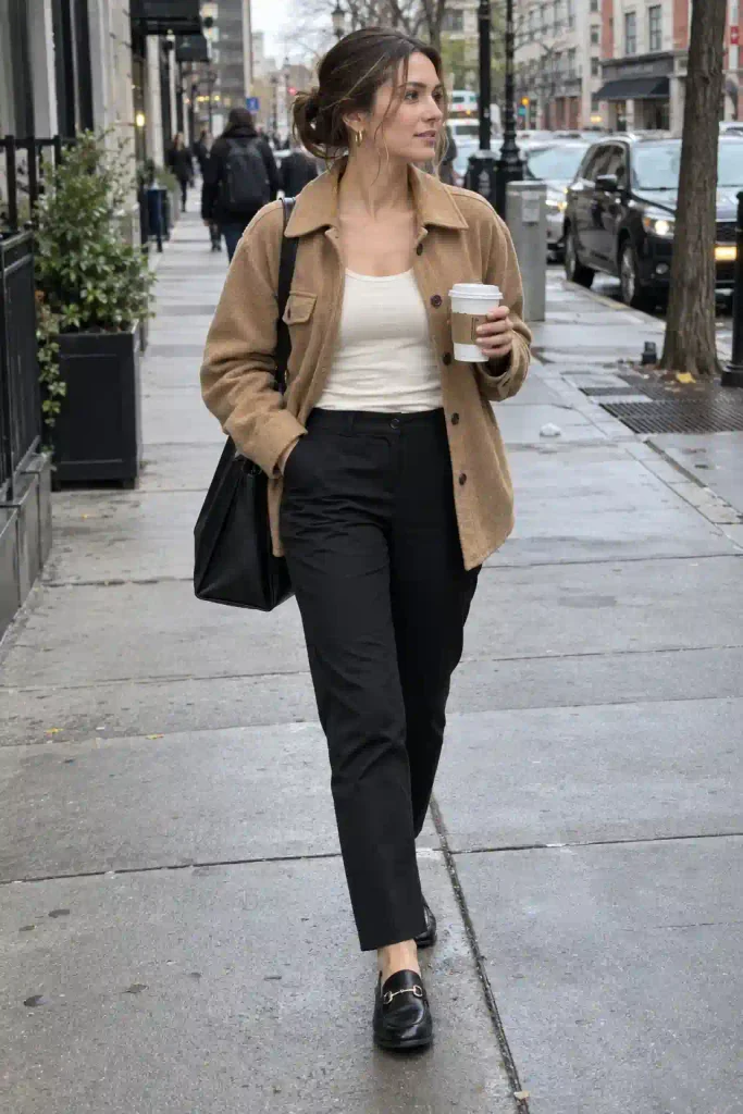 Camel wool shacket over ivory tank with black slim trousers