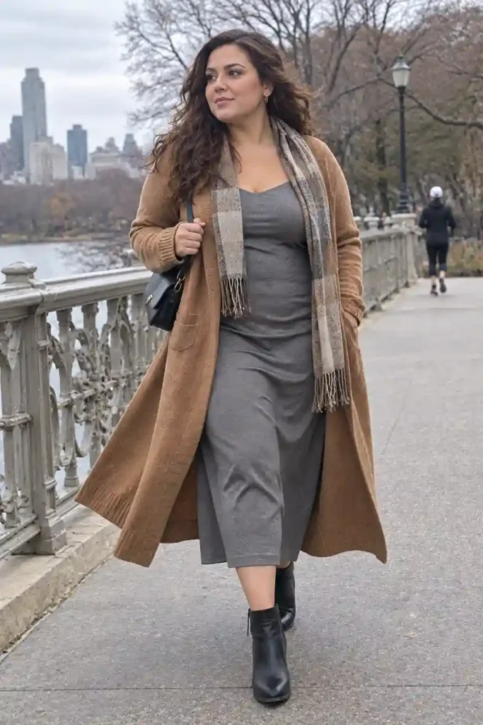 Cardigan coat over a slip dress