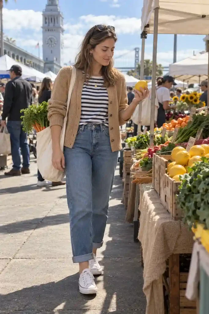 Cardigan over a striped Breton