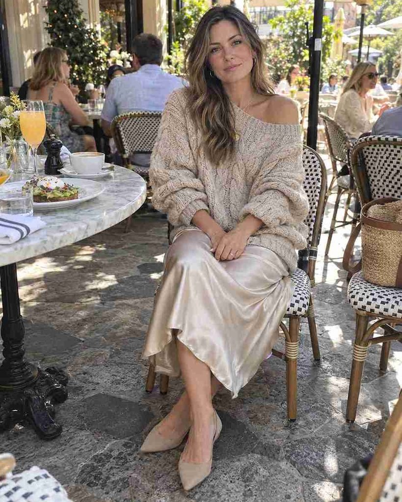 Champagne satin slip skirt with a chunky knit