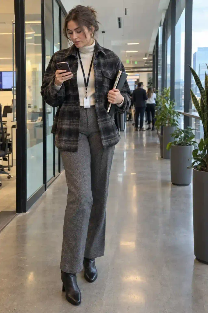 Charcoal flannel shacket with cream turtleneck and grey herringbone trousers