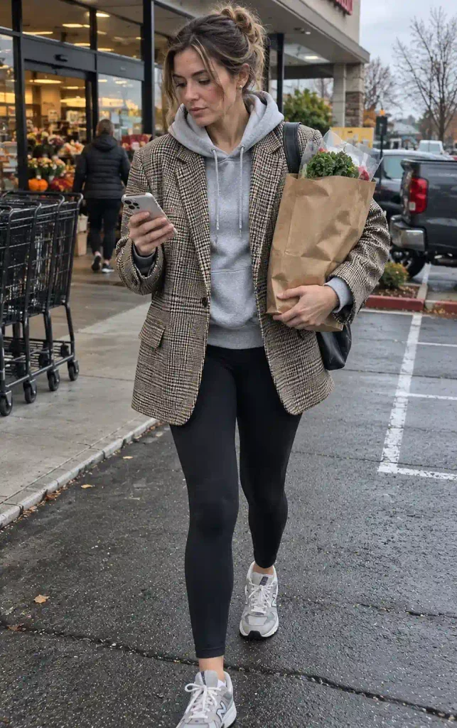 Check blazer with a hoodie underneath