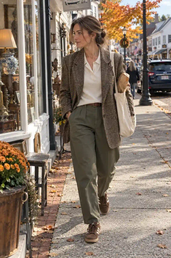 Check blazer with a knit polo and