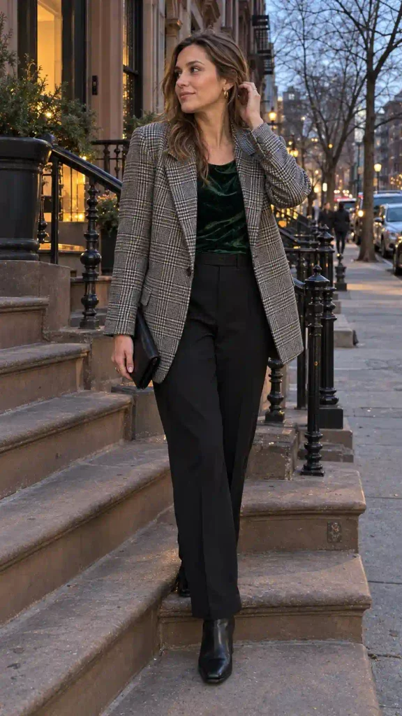Check blazer with a velvet top and