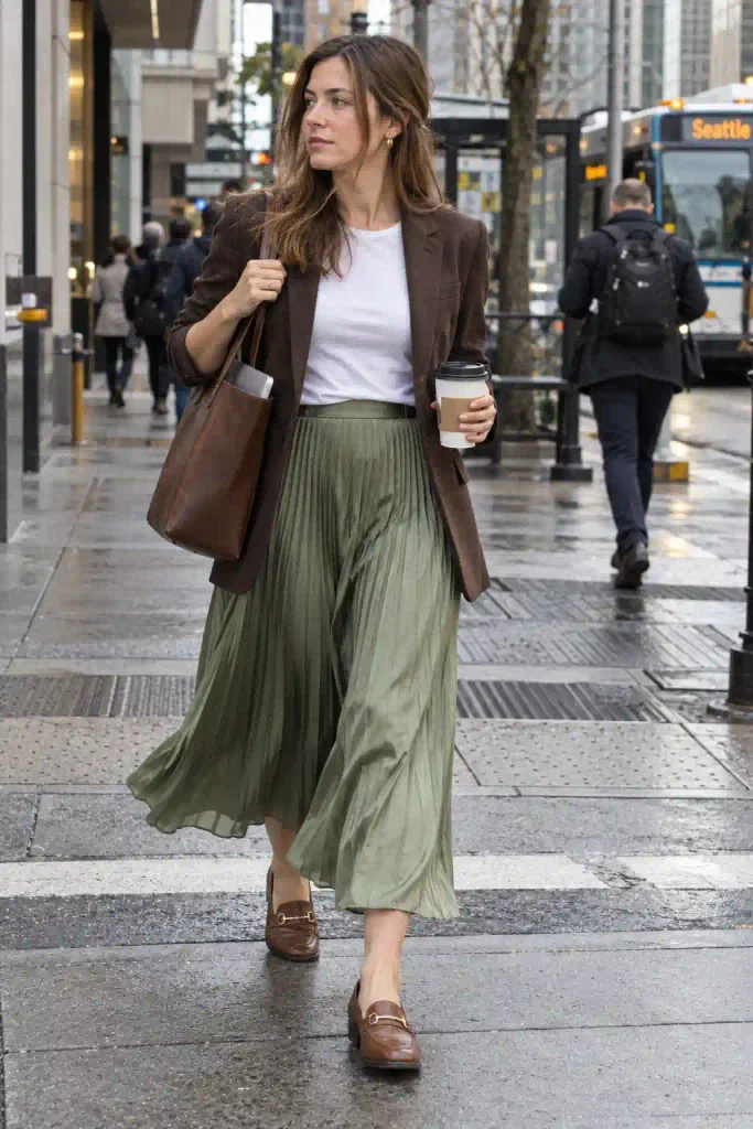 Chocolate blazer with a pleated midi skirt