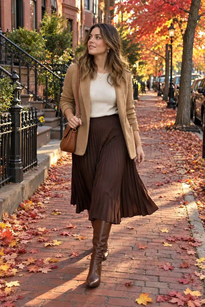 Chocolate pleated midi skirt and boots