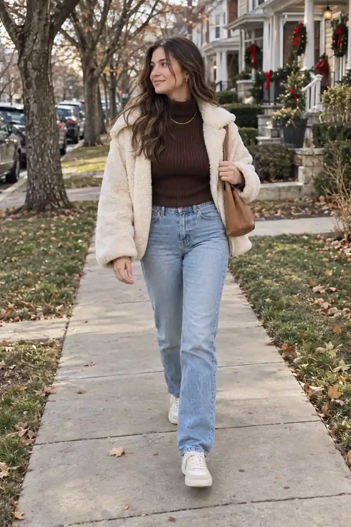 Chocolate turtleneck with light-wash jeans