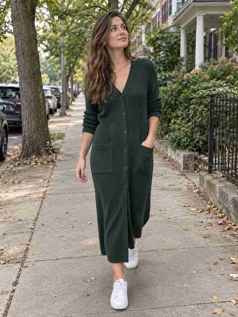 Chunky cardigan dress with white sneakers