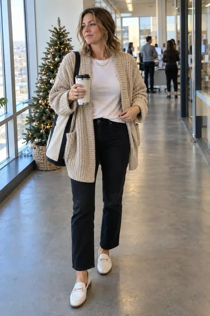 Chunky knit cardigan over a white tee