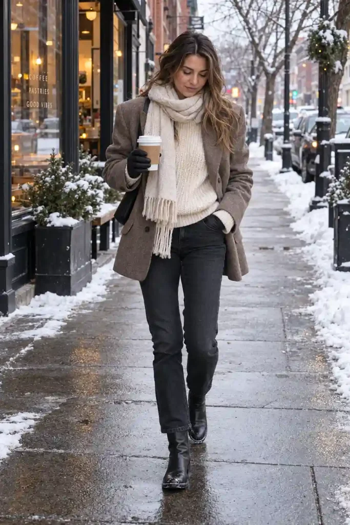 Chunky knit under a wool blazer