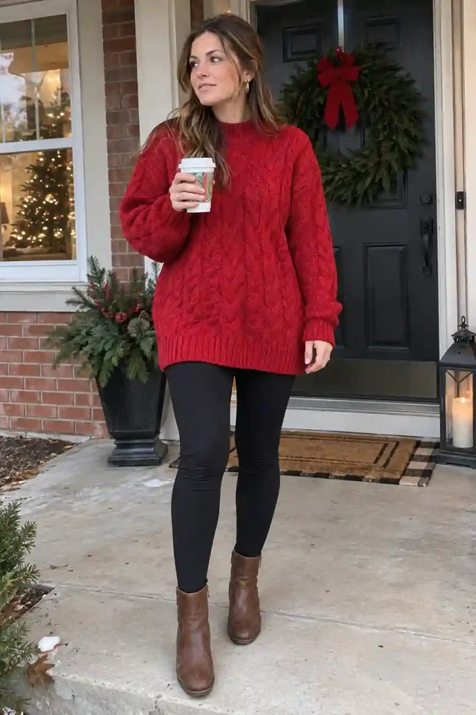 Chunky red cable knit with black leggings