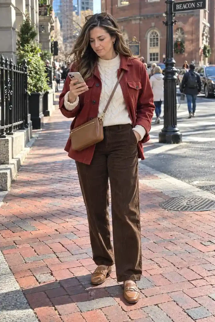 Red shacket, cream knit, brown cords and tan loafers sightseeing.