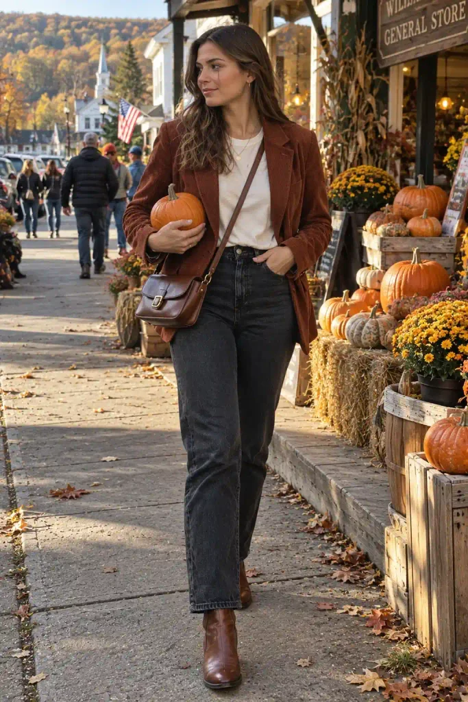 Corduroy blazer with straight jeans for fall