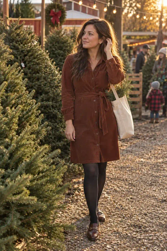 Corduroy dress with tights and loafers