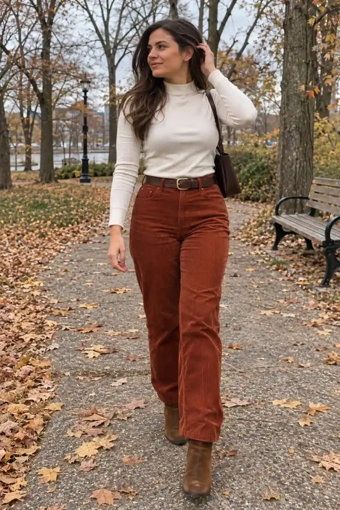 Corduroy pants with a mock-neck top
