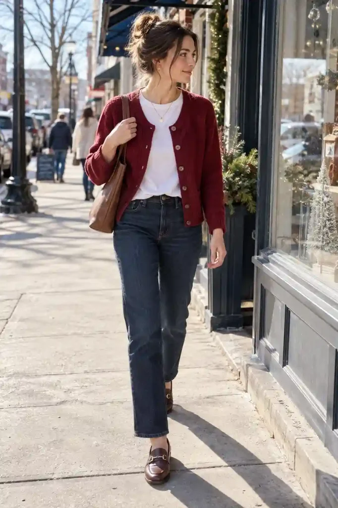 Cranberry cardigan over a