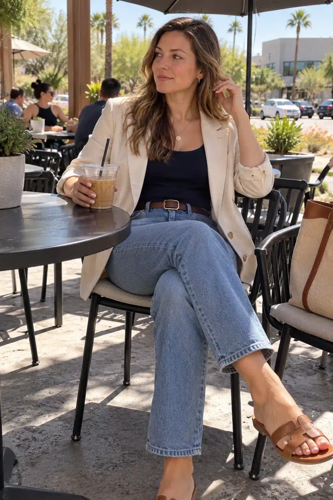 Cream blazer and a navy knit tank