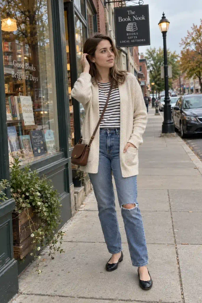 Cream cardigan with a striped Breton top