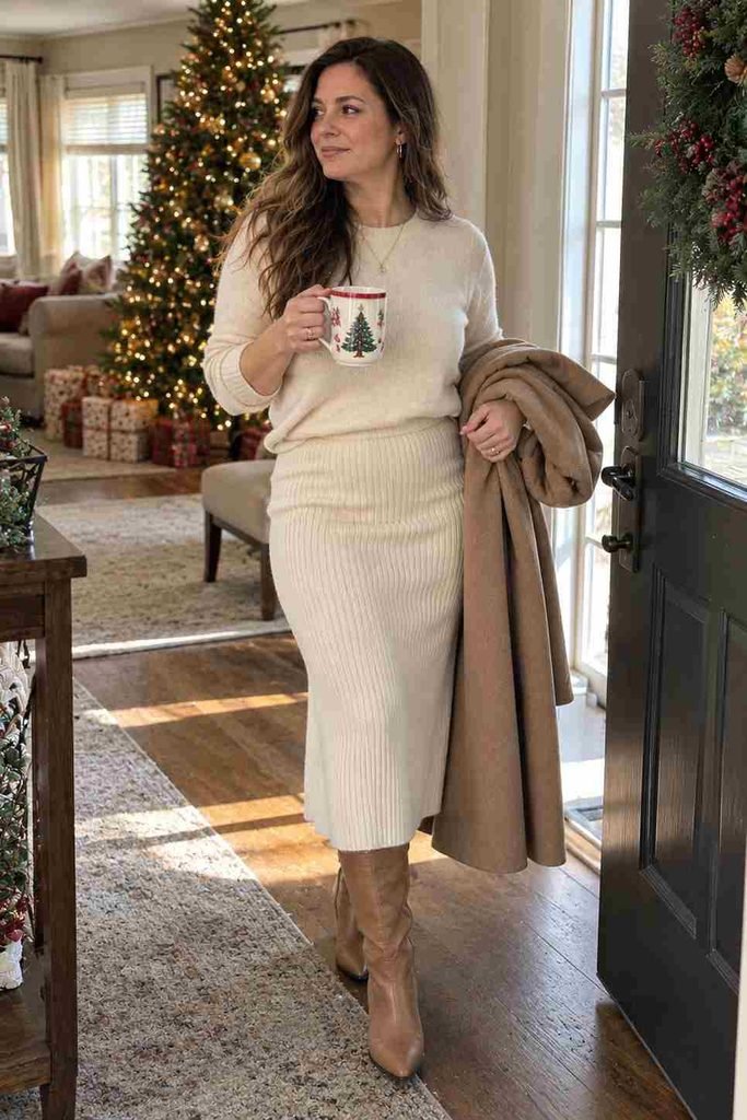 Cream knit midi skirt with a matching knit top