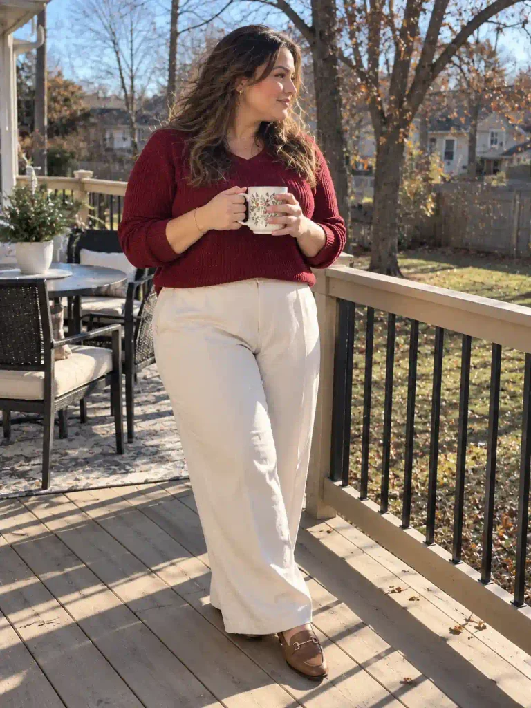 Cream trousers with a cranberry sweater