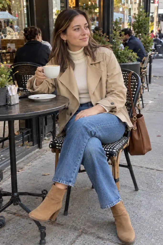 Cream turtleneck and denim