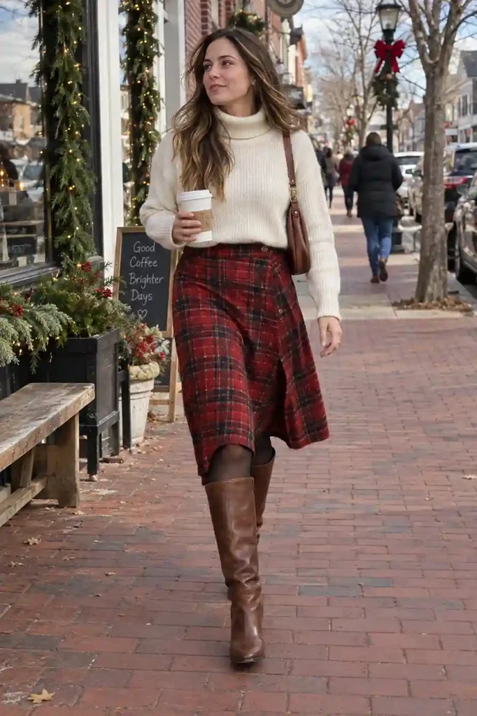 Cream turtleneck with a plaid skirt