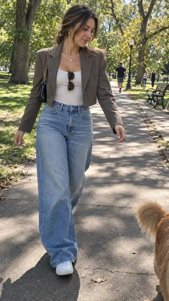 Cropped blazer with wide-leg jeans
