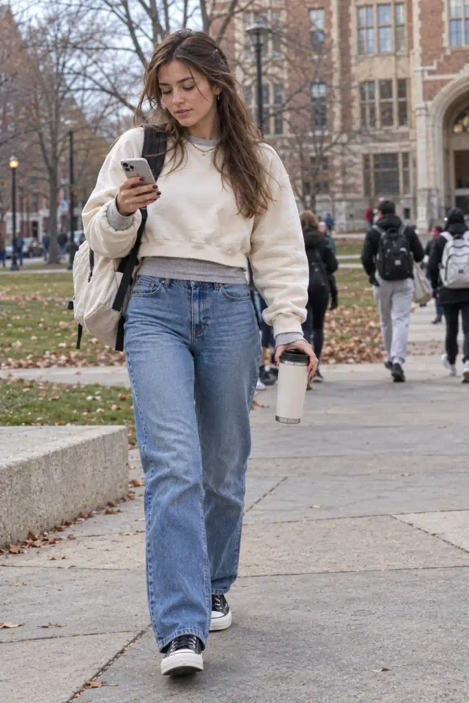 Cropped sweatshirt with high-waisted jeans