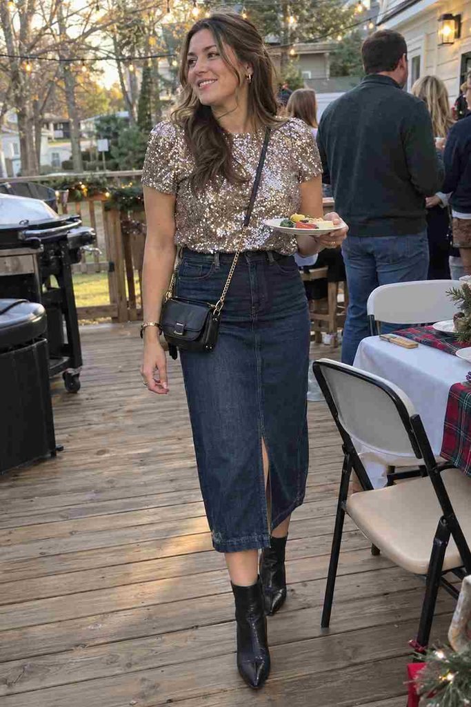 Dark denim midi with a sequin top