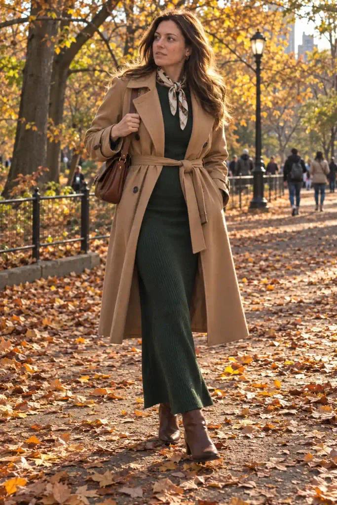 Dark green maxi with a camel trench