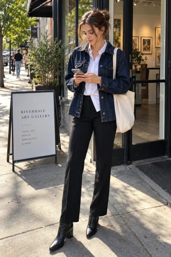  Dark indigo denim shacket with white shirt and black trousers