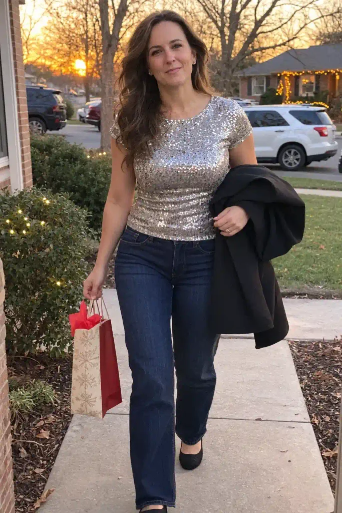 Dark jeans with a sequin top