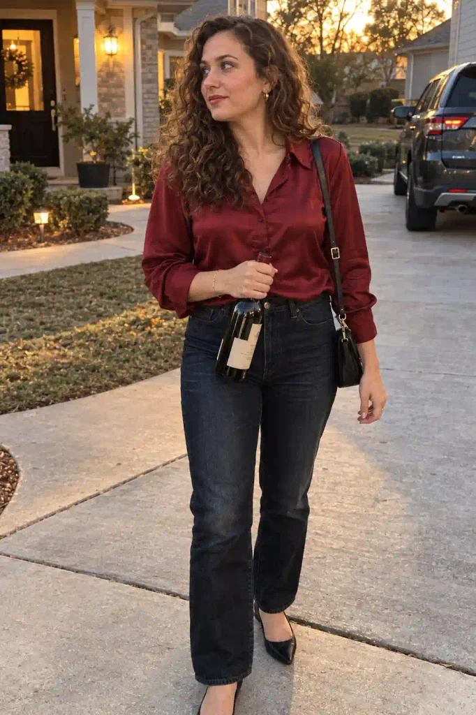 Dark straight-leg jeans with a satin blouse