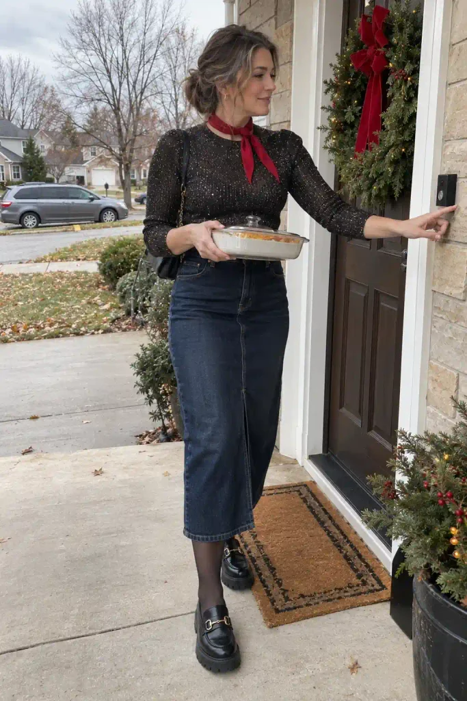 Denim midi with a sparkly top