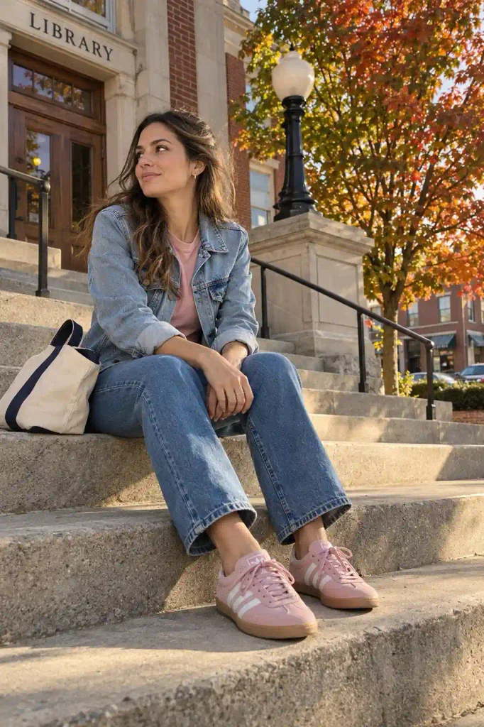 Denim on denim with a pink-tinted tee