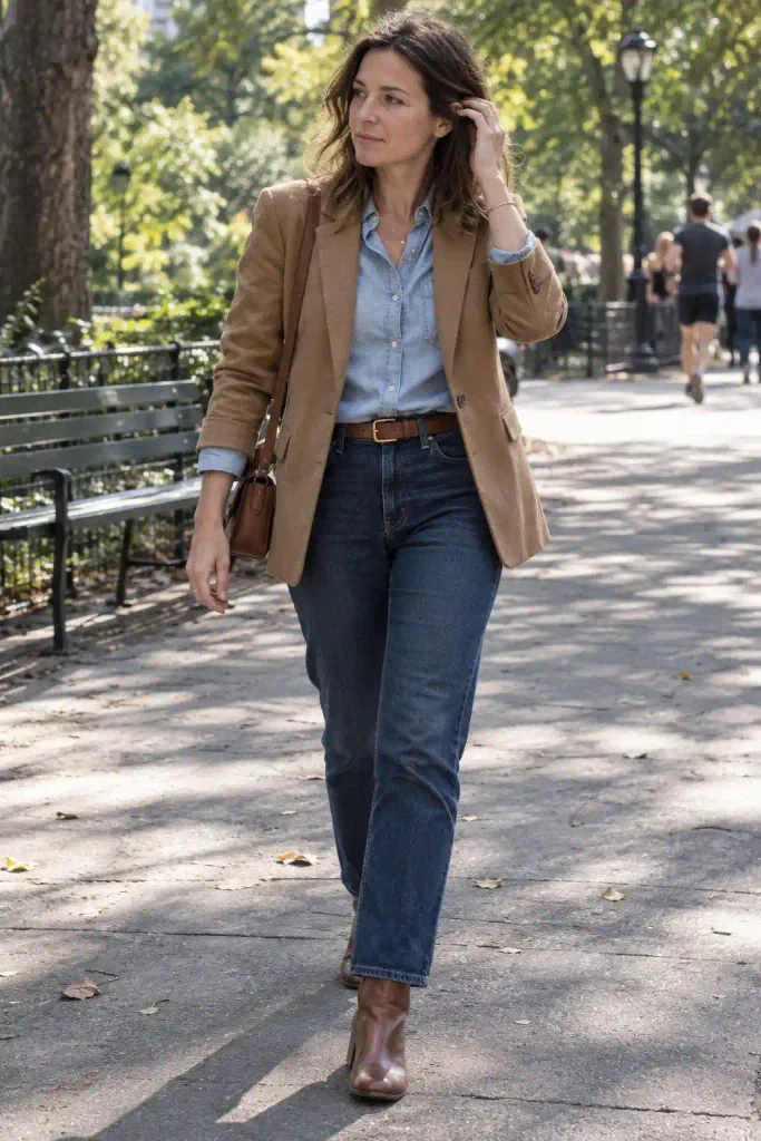 Denim on denim with a tan blazer