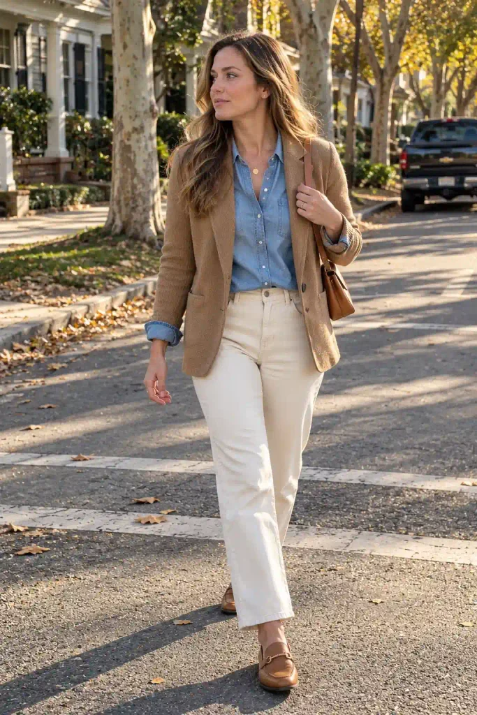 Denim shirt and cream jeans