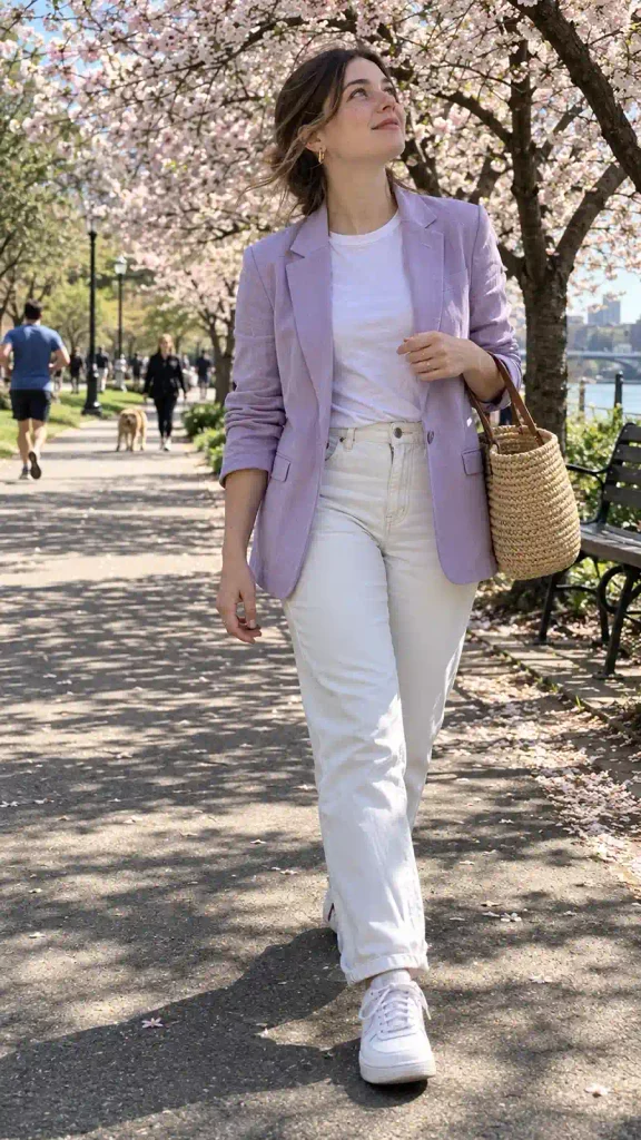 Emerald or forest greenLavender or lilac blazer with white mom jeans