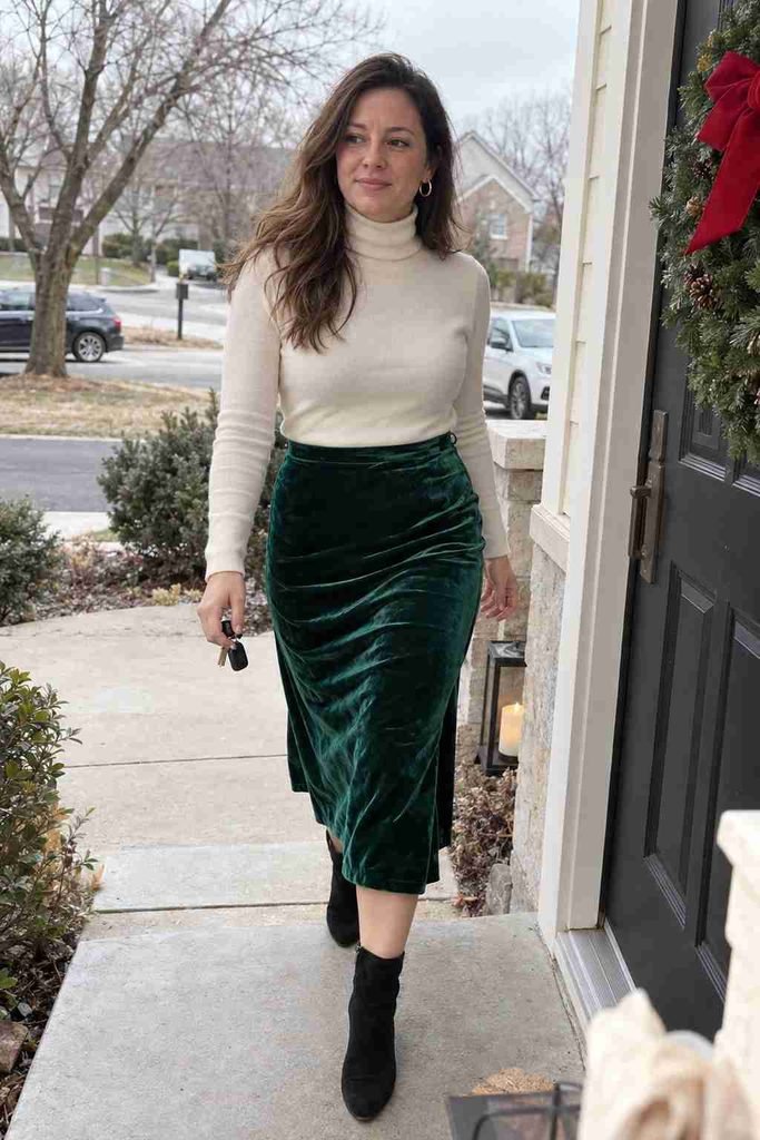 Emerald velvet midi with an ivory turtleneck