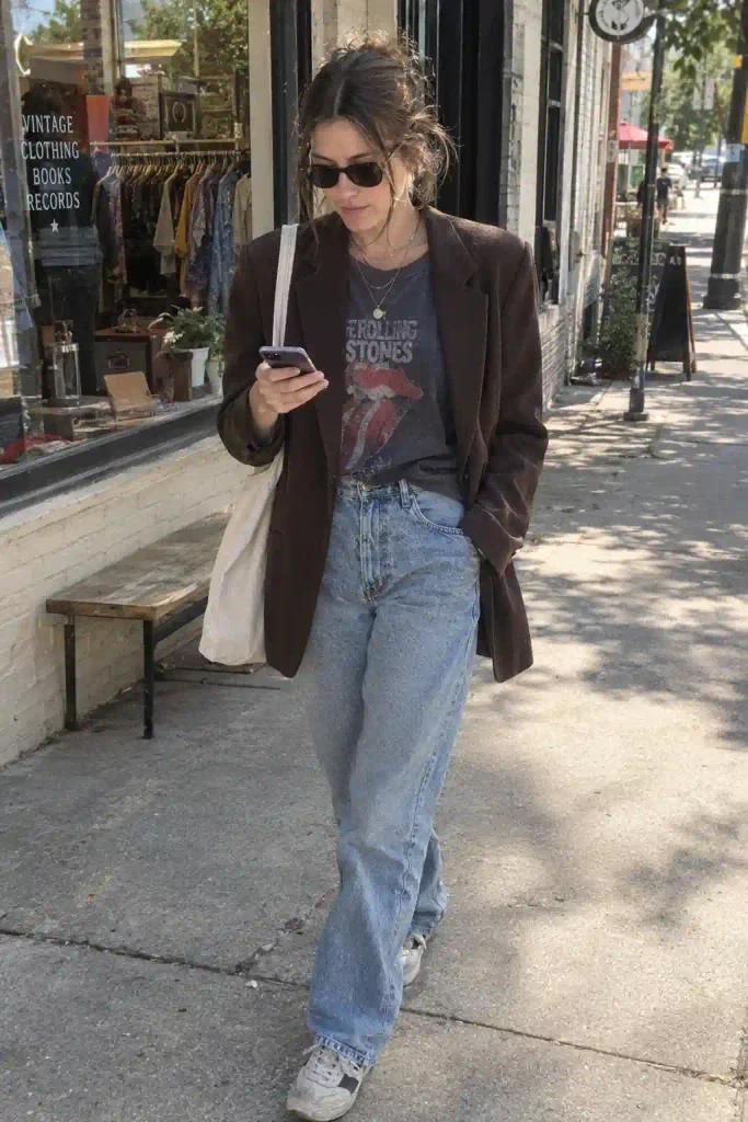 Espresso blazer with a graphic tee